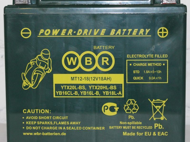 Аккумулятор WBR MT12-18 12V18AH YTX20L-BS, YTX20HL-BS, YB16CL-B, YB16L-B, YB18L-A